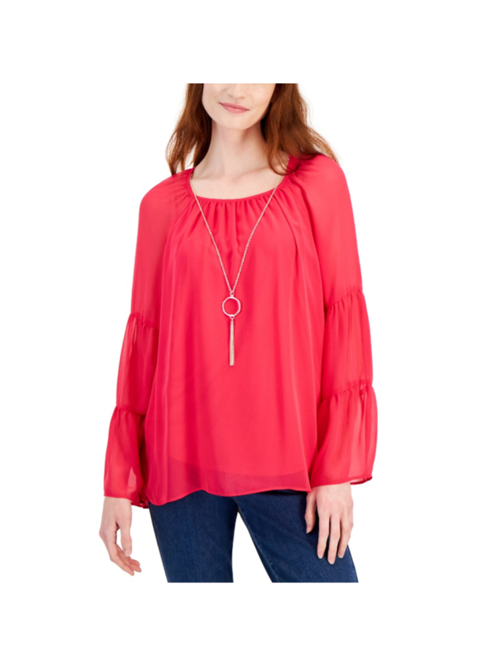 JM Collection Women's XL Pink Tiered Bell Sleeve Necklace Blouse / Top NWT